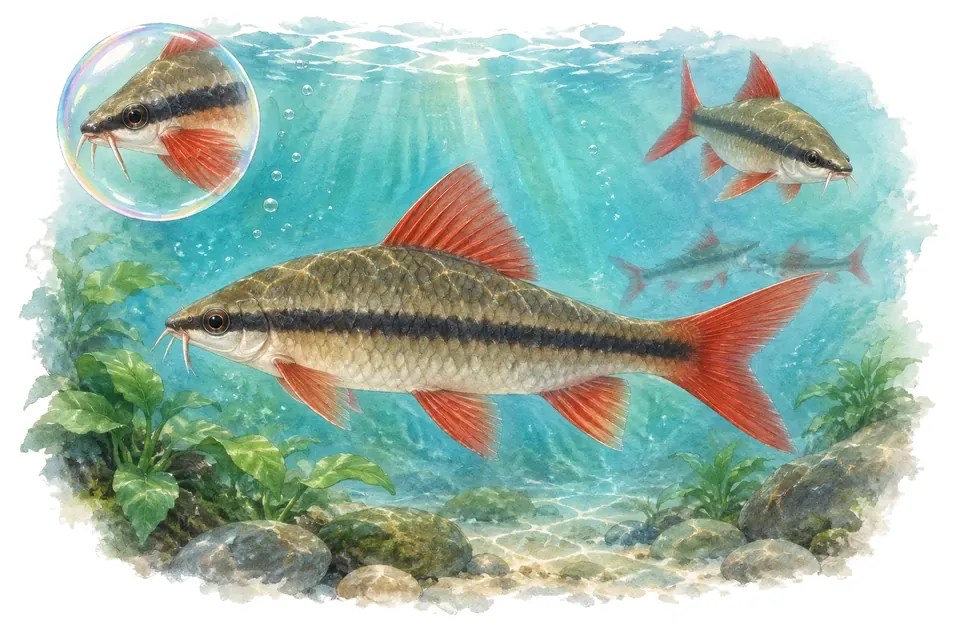 Aquarelle : Labéo frenatus (Epalzeorhynchos frenatum) dans une eau turquoise lumineuse, avec une vue de trois quarts et un détail dans une bulle.
