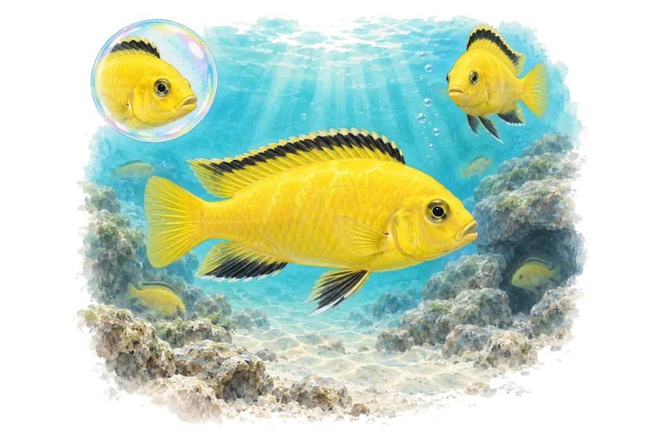 Aquarelle : Labidochromis jaune (Labidochromis caeruleus) dans une eau turquoise lumineuse, avec une vue de trois quarts et un détail dans une bulle.