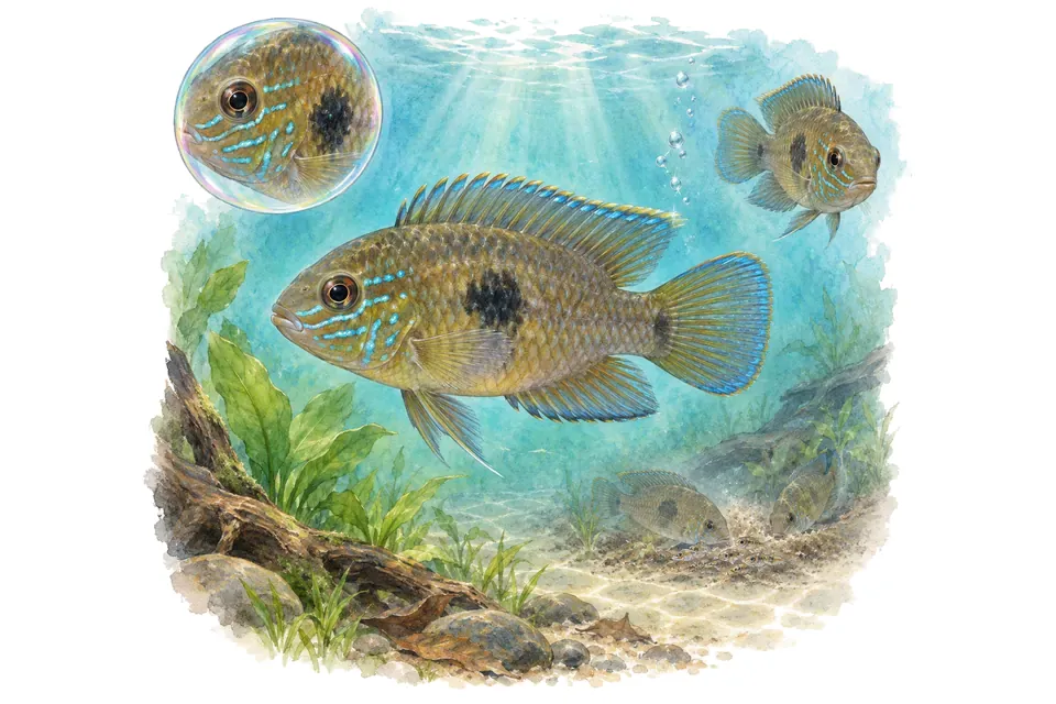 Aquarelle : Laetacara brun (Laetacara curviceps) dans une eau turquoise lumineuse, avec une vue de trois quarts et un détail dans une bulle.