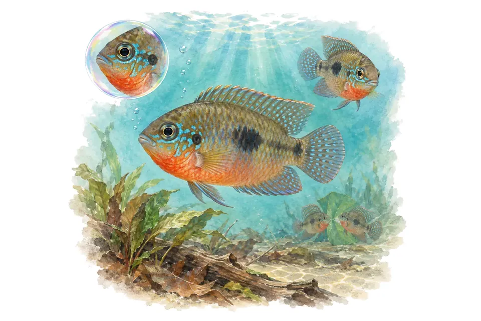 Aquarelle : Acara à poitrine rouge (Laetacara dorsigera) dans une eau turquoise lumineuse, avec une vue de trois quarts et un détail dans une bulle.