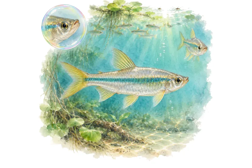 Aquarelle : Dadio (Laubuka dadiburjori) dans une eau turquoise lumineuse, avec une vue de trois quarts et un détail dans une bulle.