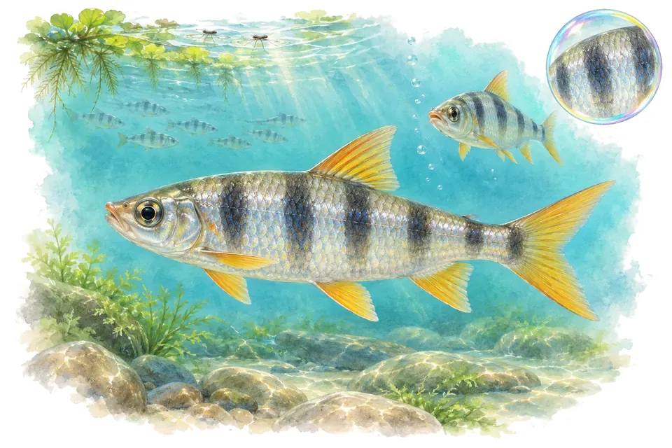 Aquarelle : Laubuka fasciata (Laubuka fasciata) dans une eau turquoise lumineuse, avec une vue de trois quarts et un détail dans une bulle.