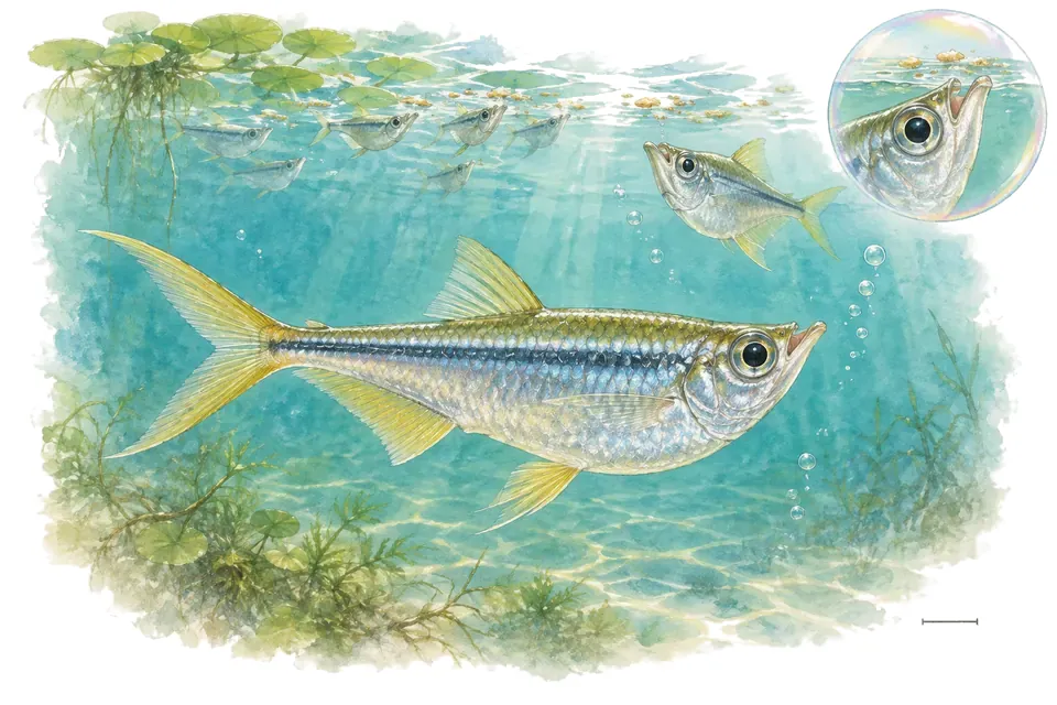 Aquarelle : Chela indien (Laubuka laubuca) dans une eau turquoise lumineuse, avec une vue de trois quarts et un détail dans une bulle.
