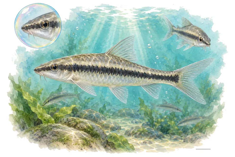 Aquarelle : Laveur d'algues siamois (Crossocheilus oblongus) dans une eau turquoise lumineuse, avec une vue de trois quarts et un détail dans une bulle.