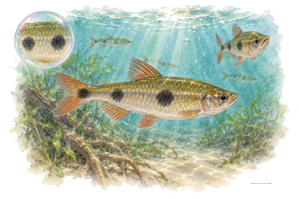 Aquarelle : Lebiasina à bandes (Lebiasina bimaculata) dans une eau turquoise lumineuse, avec une vue de trois quarts et un détail dans une bulle.
