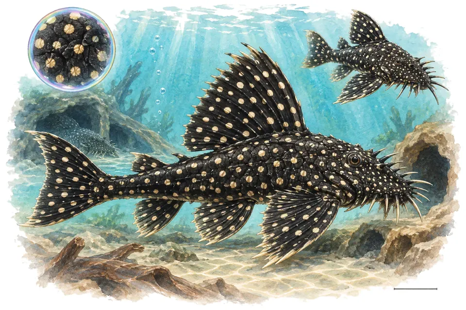 Aquarelle : Pléco vampire à points blancs (Leporacanthicus galaxias) dans une eau turquoise lumineuse, avec une vue de trois quarts et un détail dans une bulle.