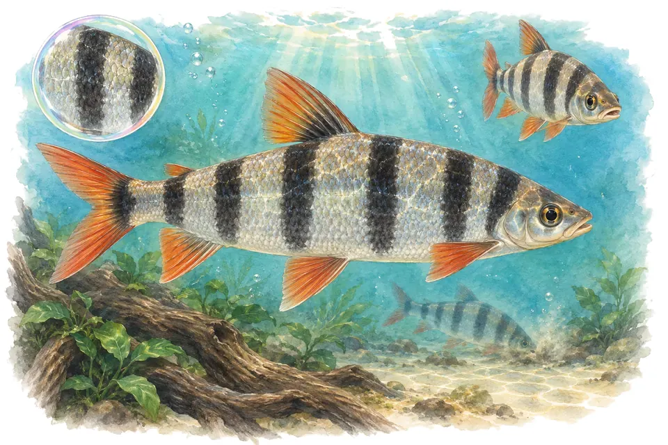 Aquarelle : Léporin de Friderici (Leporinus friderici) dans une eau turquoise lumineuse, avec une vue de trois quarts et un détail dans une bulle.