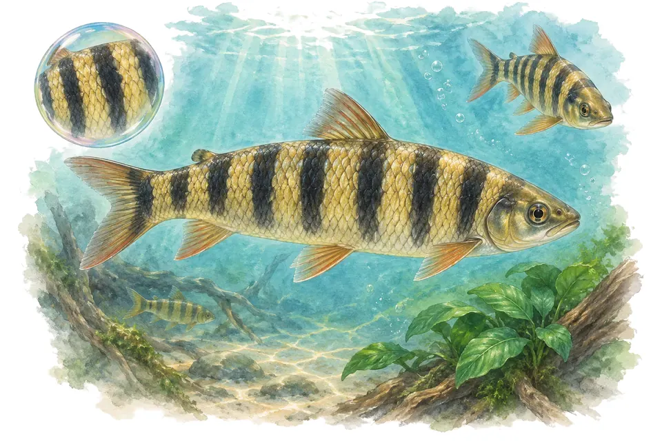 Aquarelle : Léporin rayé (Leporinus fasciatus) dans une eau turquoise lumineuse, avec une vue de trois quarts et un détail dans une bulle.