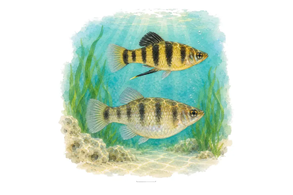 Aquarelle : Limia noire, mâle et femelle l'un au-dessus de l'autre dans une eau turquoise.