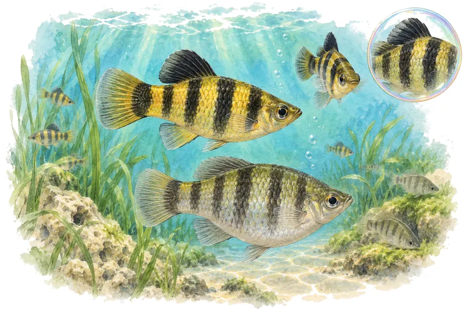 Aquarelle : Limia noire (Limia nigrofasciata) dans une eau turquoise lumineuse, avec une vue de trois quarts et un détail dans une bulle.