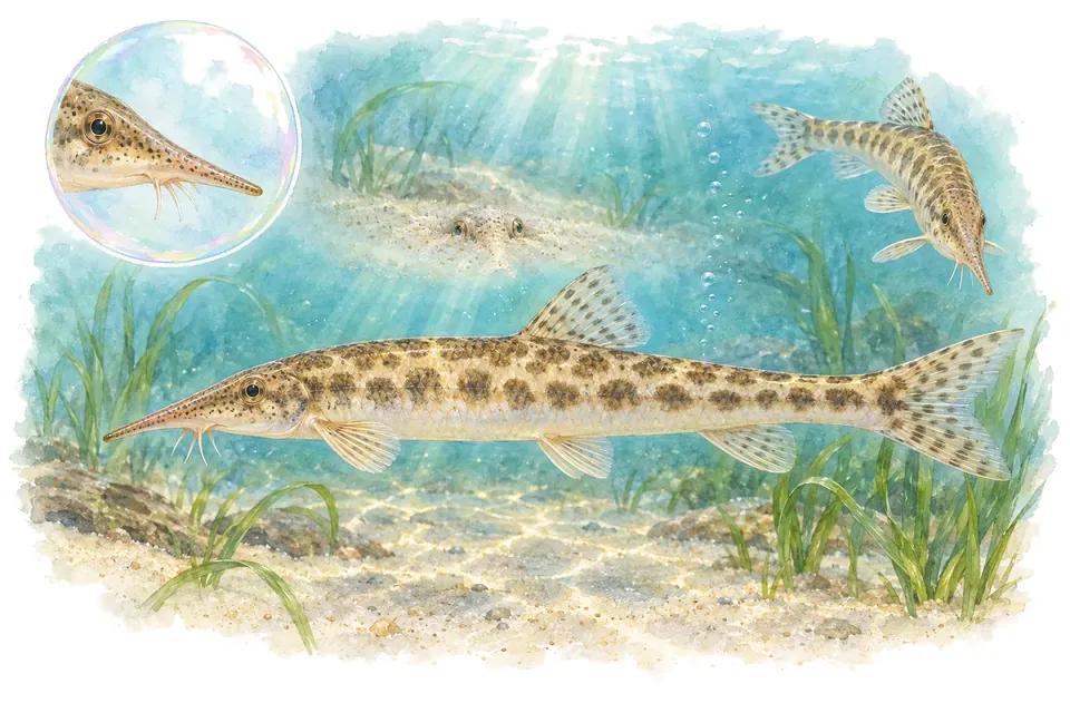 Aquarelle : Loche cheval à long nez (Acantopsis dialuzona) dans une eau turquoise lumineuse, avec une vue de trois quarts et un détail dans une bulle.