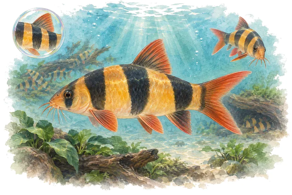 Aquarelle : Loche clown (Chromobotia macracanthus) dans une eau turquoise lumineuse, avec une vue de trois quarts et un détail dans une bulle.