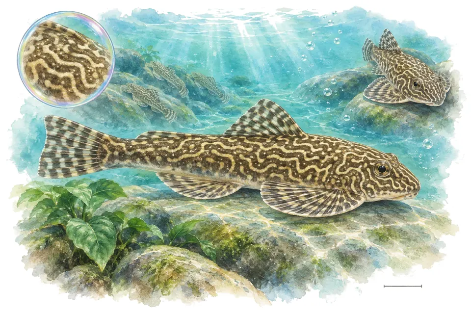 Aquarelle : Loche de Bornéo (Sewellia lineolata) dans une eau turquoise lumineuse, avec une vue de trois quarts et un détail dans une bulle.
