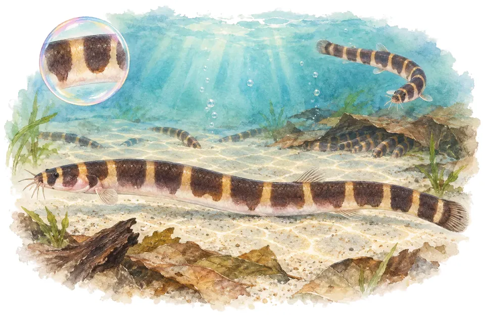 Aquarelle : Loche kuhli à demi-bandes (Pangio semicincta) dans une eau turquoise lumineuse, avec une vue de trois quarts et un détail dans une bulle.