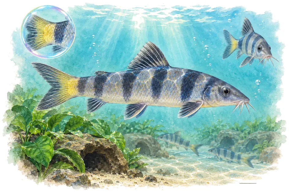 Aquarelle : Loche modesta (Yasuhikotakia modesta) dans une eau turquoise lumineuse, avec une vue de trois quarts et un détail dans une bulle.