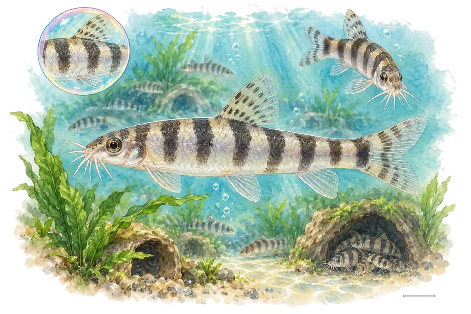 Aquarelle : Loche naine (Ambastaia sidthimunki) dans une eau turquoise lumineuse, avec une vue de trois quarts et un détail dans une bulle.
