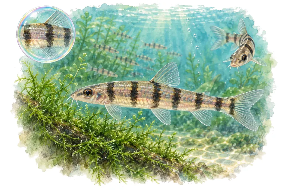 Aquarelle : Loche naine rayée (Yunnanilus cruciatus) dans une eau turquoise lumineuse, avec une vue de trois quarts et un détail dans une bulle.