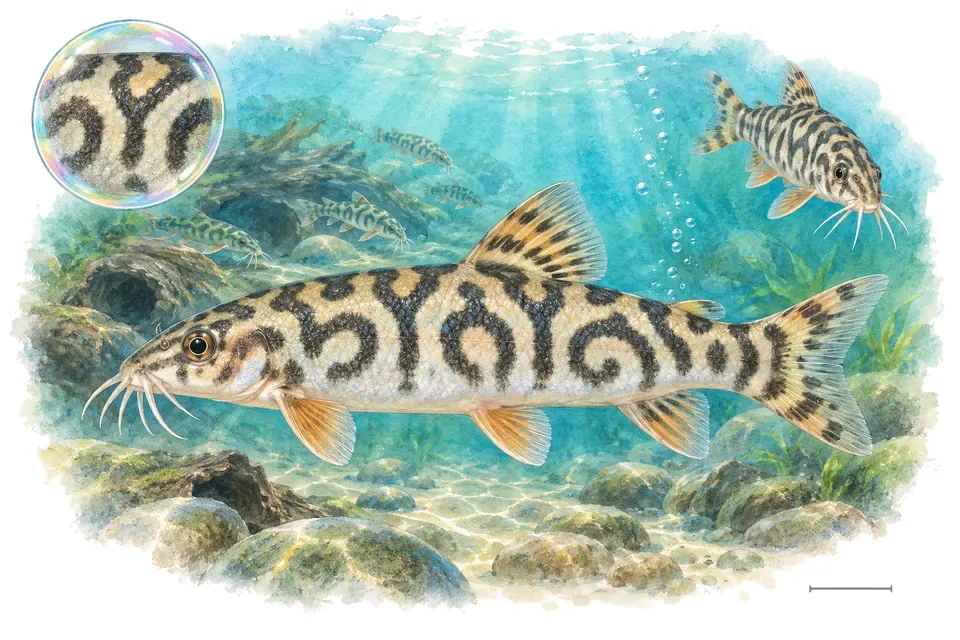 Aquarelle : Loche yoyo (Botia almorhae) dans une eau turquoise lumineuse, avec une vue de trois quarts et un détail dans une bulle.