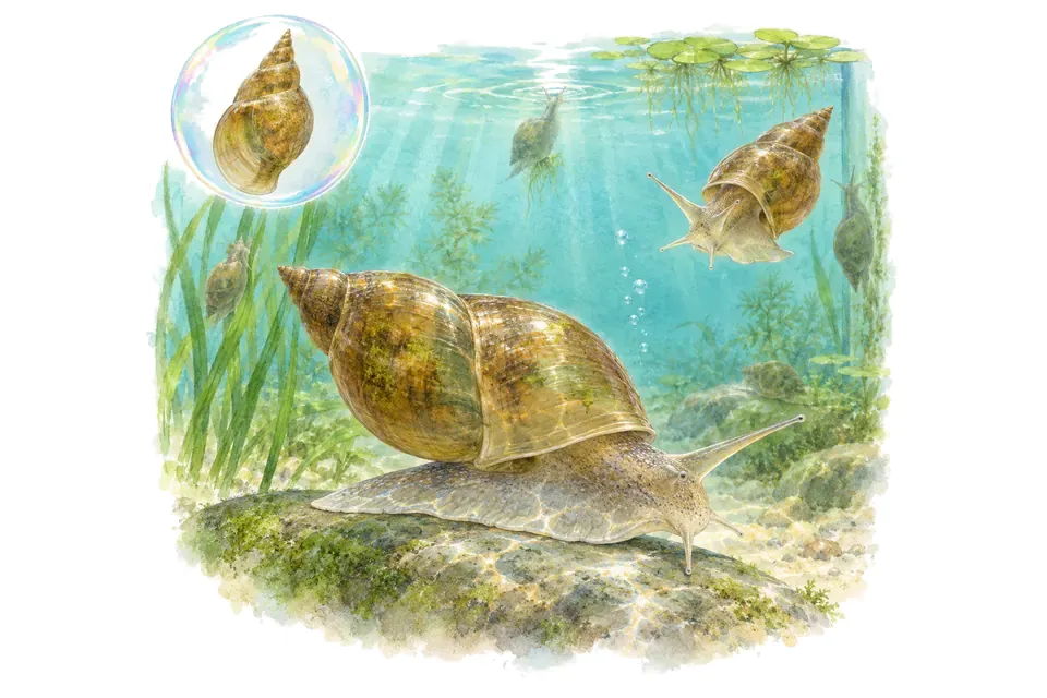 Aquarelle : Lymnée commune (Lymnaea stagnalis) dans une eau turquoise lumineuse, avec une vue de trois quarts et un détail dans une bulle.