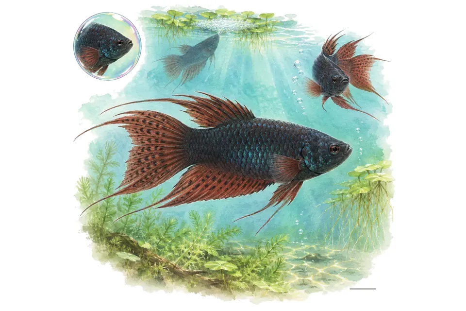 Aquarelle : Macropode noir (Macropodus spechti) dans une eau turquoise lumineuse, avec une vue de trois quarts et un détail dans une bulle.