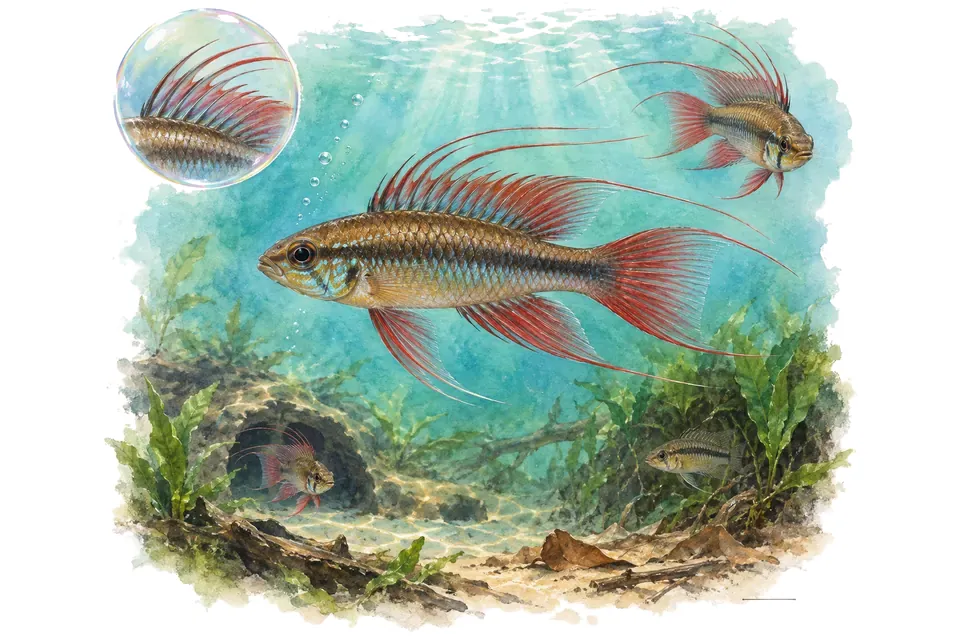 Aquarelle : Malpulutta de Kretser (Malpulutta kretseri) dans une eau turquoise lumineuse, avec une vue de trois quarts et un détail dans une bulle.