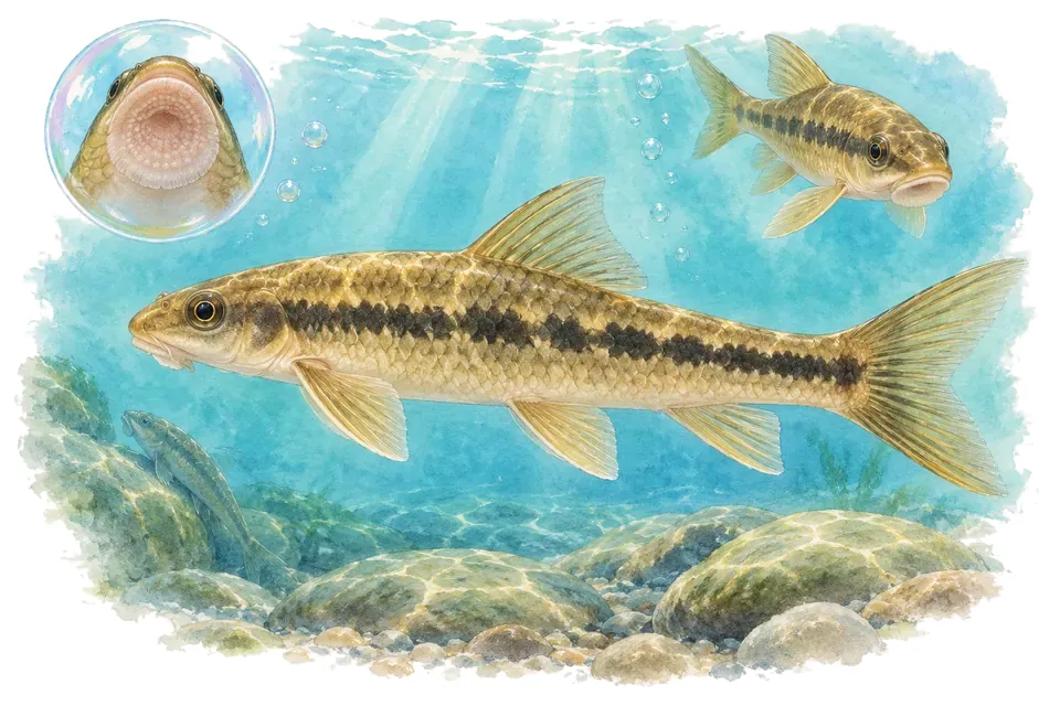 Aquarelle : Mangeur d'algues chinois (Gyrinocheilus aymonieri) dans une eau turquoise lumineuse, avec une vue de trois quarts et un détail dans une bulle.