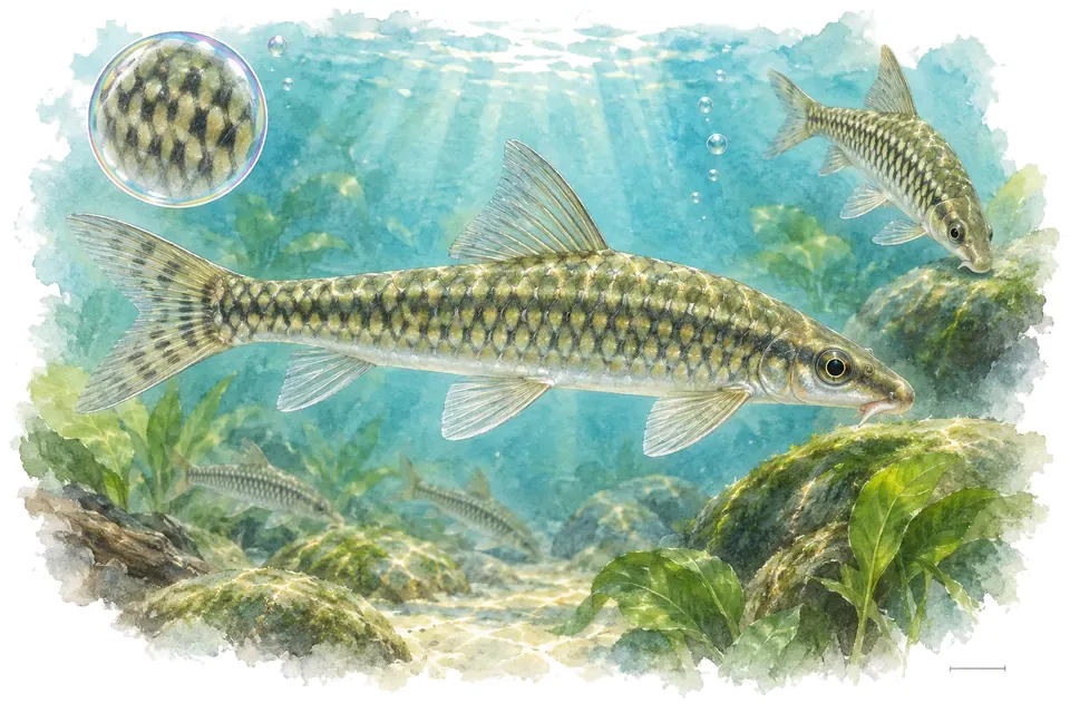 Aquarelle : Mangeur d'algues réticulé (Crossocheilus reticulatus) dans une eau turquoise lumineuse, avec une vue de trois quarts et un détail dans une bulle.