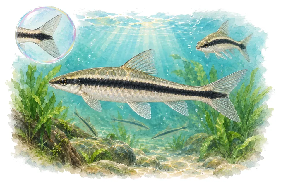 Aquarelle : Mangeur d'algues siamois (Crossocheilus langei) dans une eau turquoise lumineuse, avec une vue de trois quarts et un détail dans une bulle.