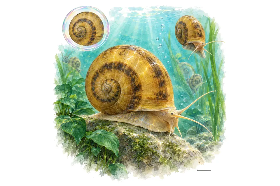 Aquarelle : Marisa (Marisa cornuarietis) dans une eau turquoise lumineuse, avec une vue de trois quarts et un détail dans une bulle.