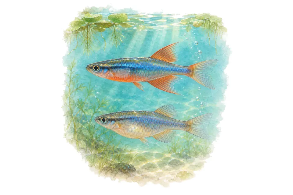 Aquarelle : Médaka bleu, mâle et femelle l'un au-dessus de l'autre dans une eau turquoise.