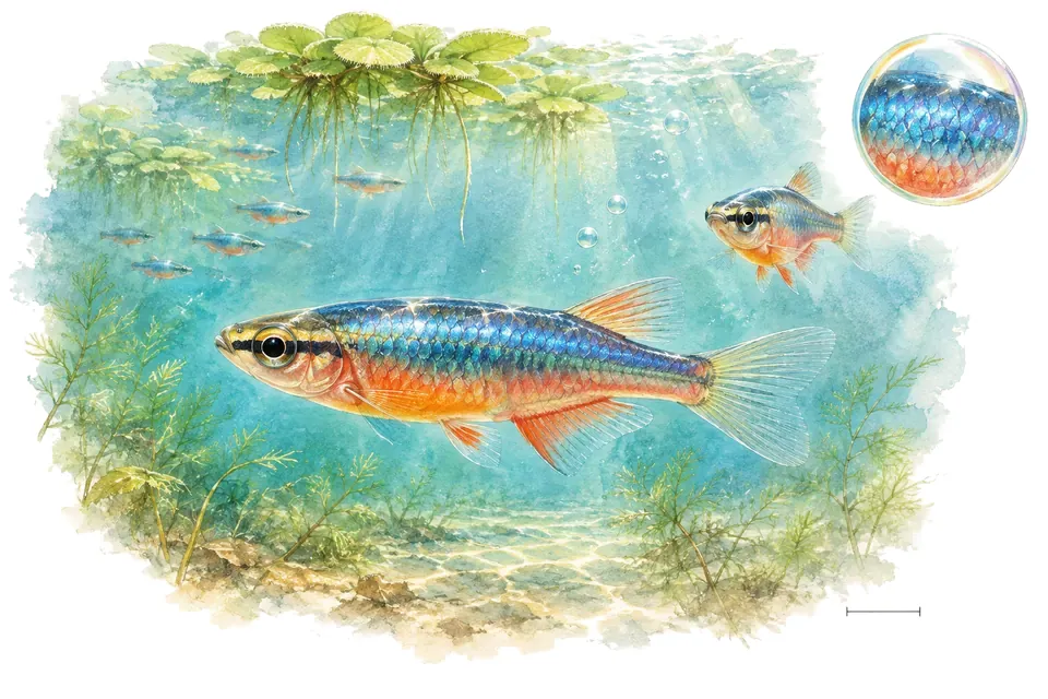 Aquarelle : Médaka bleu (Oryzias woworae) dans une eau turquoise lumineuse, avec une vue de trois quarts et un détail dans une bulle.
