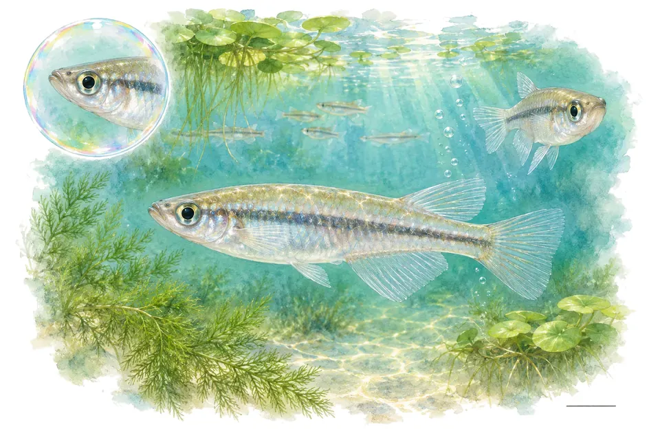 Aquarelle : Médaka japonais (Oryzias latipes) dans une eau turquoise lumineuse, avec une vue de trois quarts et un détail dans une bulle.