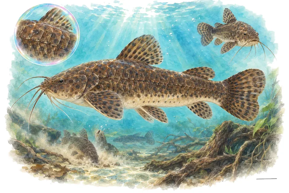 Aquarelle : Hoplo (Megalechis thoracata) dans une eau turquoise lumineuse, avec une vue de trois quarts et un détail dans une bulle.