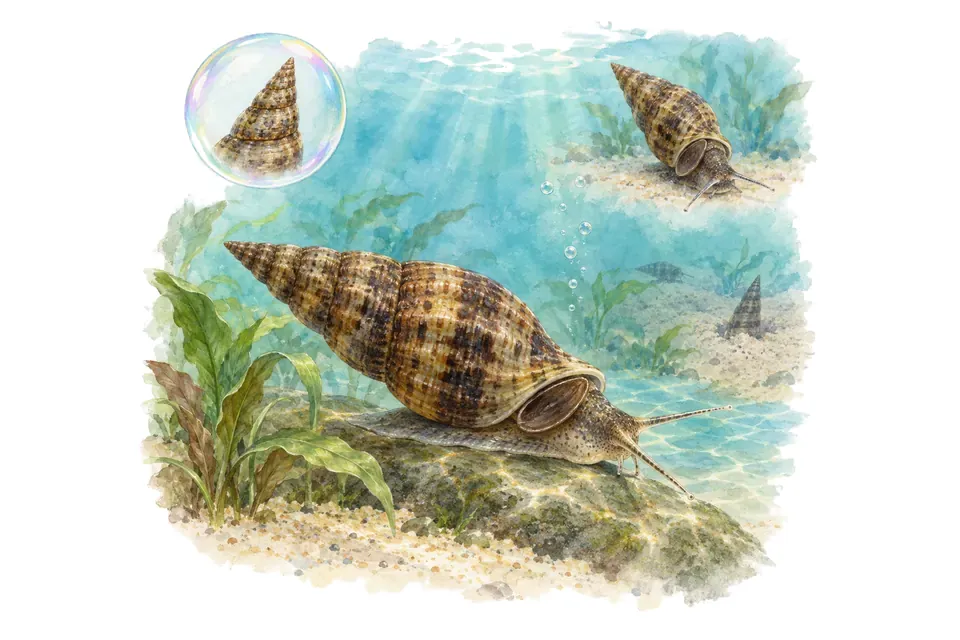 Aquarelle : Mélanoïde (Melanoides tuberculata) dans une eau turquoise lumineuse, avec une vue de trois quarts et un détail dans une bulle.