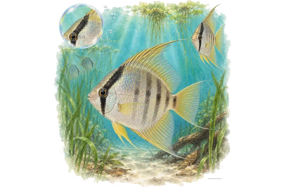 Aquarelle : Poisson drapeau (Mesonauta festivus) dans une eau turquoise lumineuse, avec une vue de trois quarts et un détail dans une bulle.