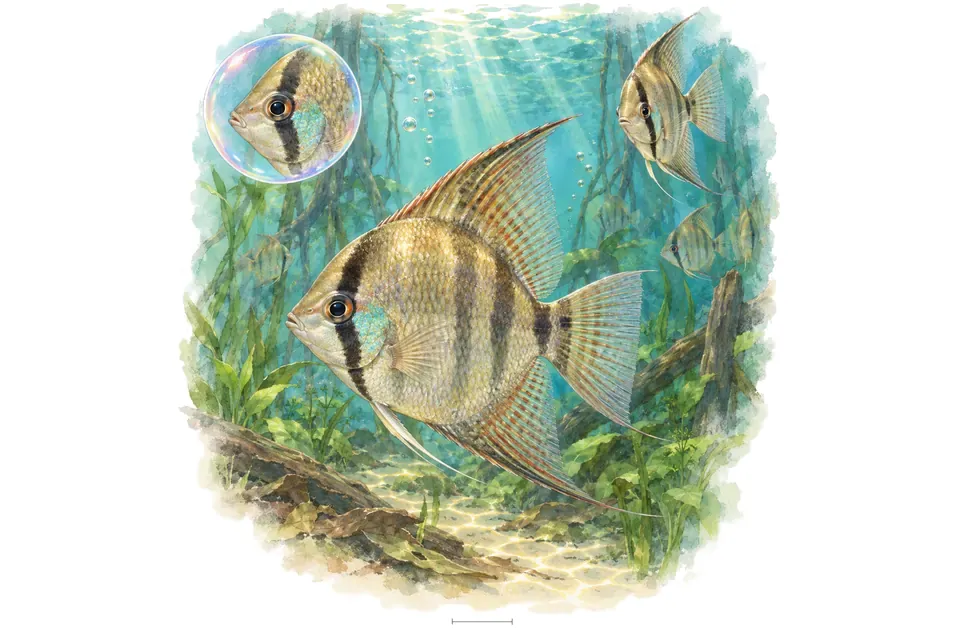 Aquarelle : Cichlidé drapeau (Mesonauta insignis) dans une eau turquoise lumineuse, avec une vue de trois quarts et un détail dans une bulle.
