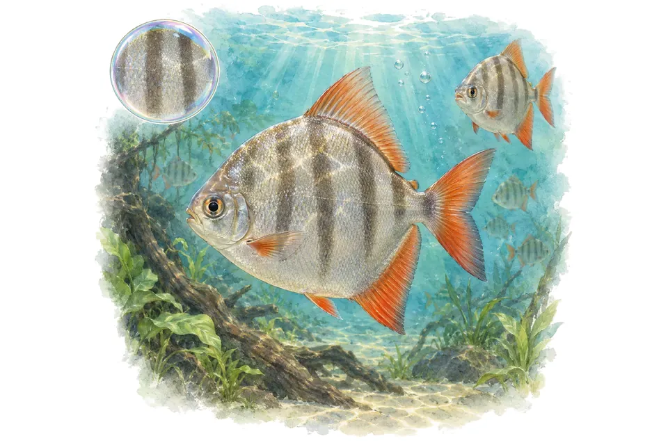 Aquarelle : Métinnis à bandes (Metynnis fasciatus) dans une eau turquoise lumineuse, avec une vue de trois quarts et un détail dans une bulle.