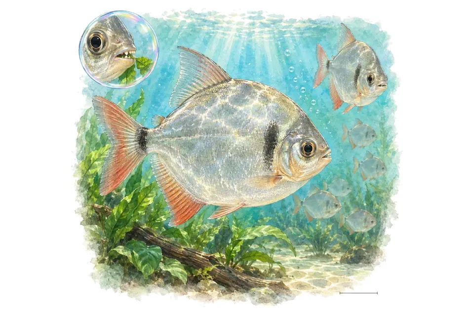 Aquarelle : Métinnis argenté (Metynnis hypsauchen) dans une eau turquoise lumineuse, avec une vue de trois quarts et un détail dans une bulle.