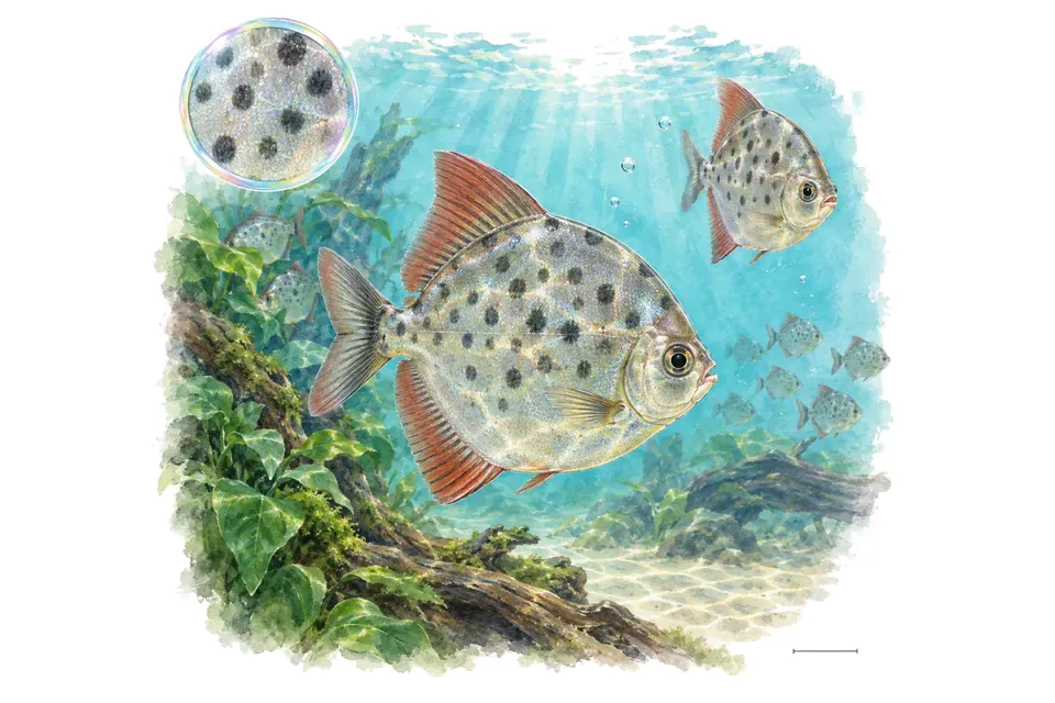 Aquarelle : Métinnis tacheté (Metynnis maculatus) dans une eau turquoise lumineuse, avec une vue de trois quarts et un détail dans une bulle.