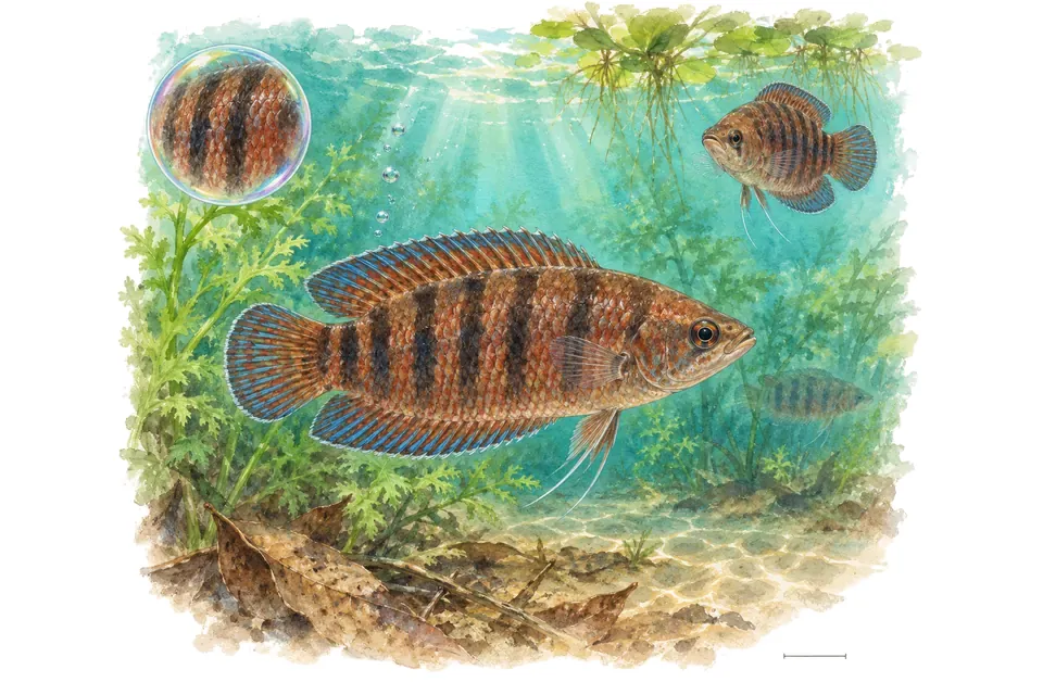 Aquarelle : Cténopoma d'Ansorge (Microctenopoma ansorgii) dans une eau turquoise lumineuse, avec une vue de trois quarts et un détail dans une bulle.