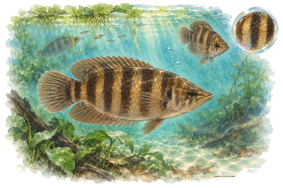 Aquarelle : Cténopoma fasciolé (Microctenopoma fasciolatum) dans une eau turquoise lumineuse, avec une vue de trois quarts et un détail dans une bulle.