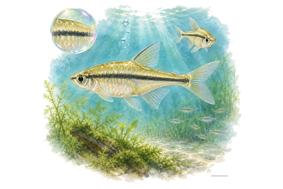 Aquarelle : Rasbora de Gates (Microdevario gatesi) dans une eau turquoise lumineuse, avec une vue de trois quarts et un détail dans une bulle.