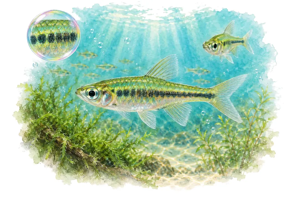 Aquarelle : Rasbora émeraude (Microdevario kubotai) dans une eau turquoise lumineuse, avec une vue de trois quarts et un détail dans une bulle.