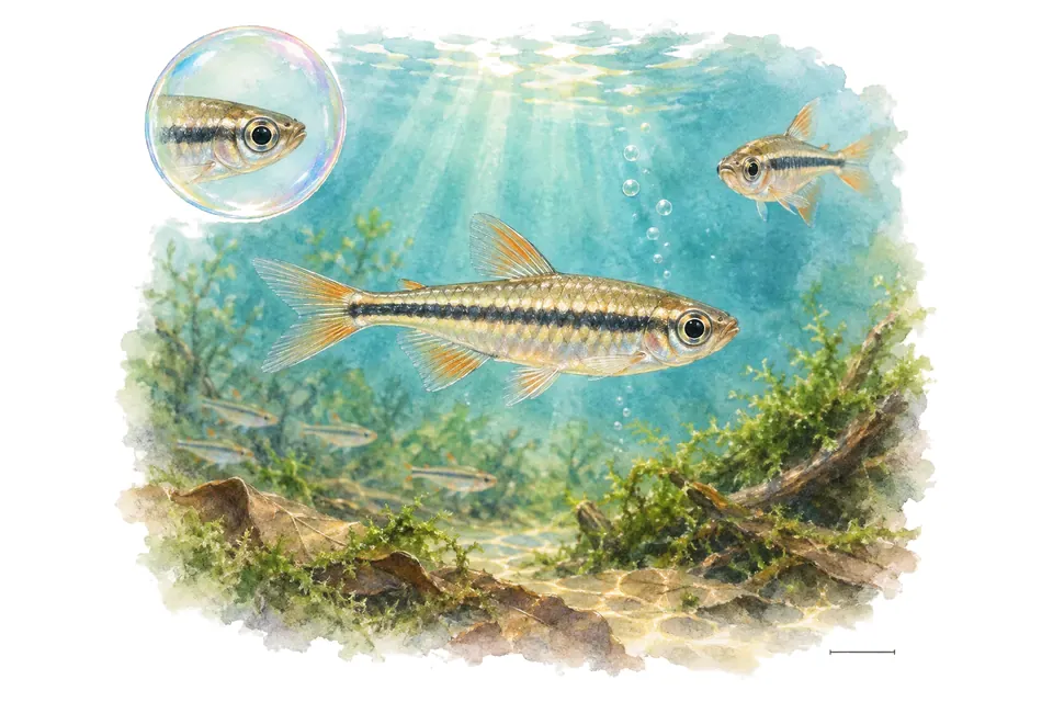 Aquarelle : Microrasbora nain (Microdevario nana) dans une eau turquoise lumineuse, avec une vue de trois quarts et un détail dans une bulle.