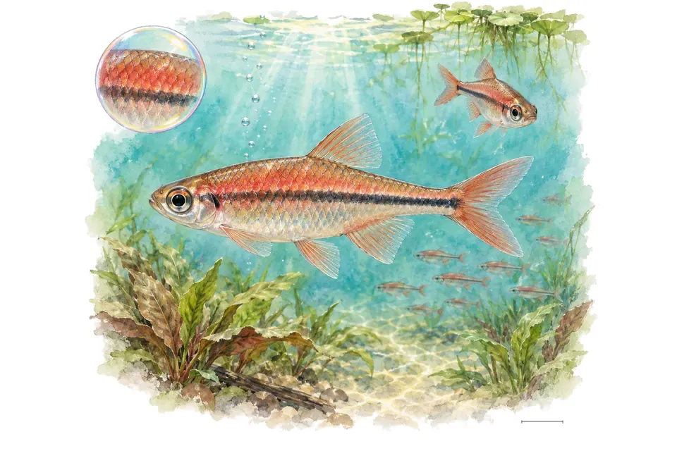 Aquarelle : Rasbora rouge (Microrasbora rubescens) dans une eau turquoise lumineuse, avec une vue de trois quarts et un détail dans une bulle.