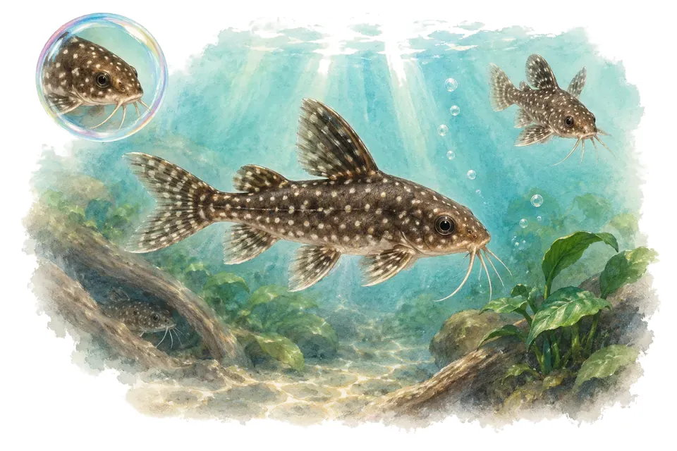 Aquarelle : Microsynodontis de Bates (Microsynodontis batesii) dans une eau turquoise lumineuse, avec une vue de trois quarts et un détail dans une bulle.