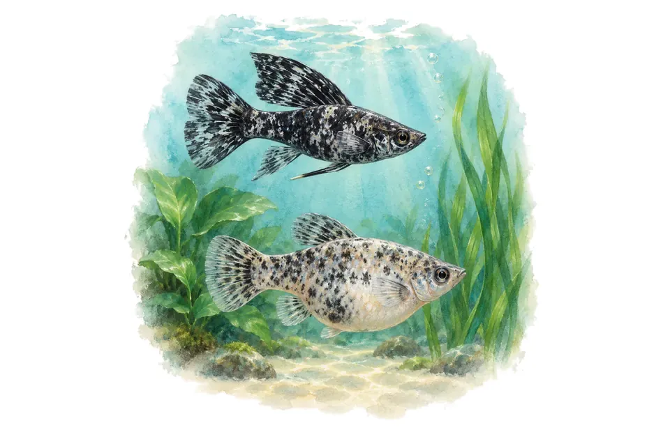 Aquarelle : Molly, mâle et femelle l'un au-dessus de l'autre dans une eau turquoise.