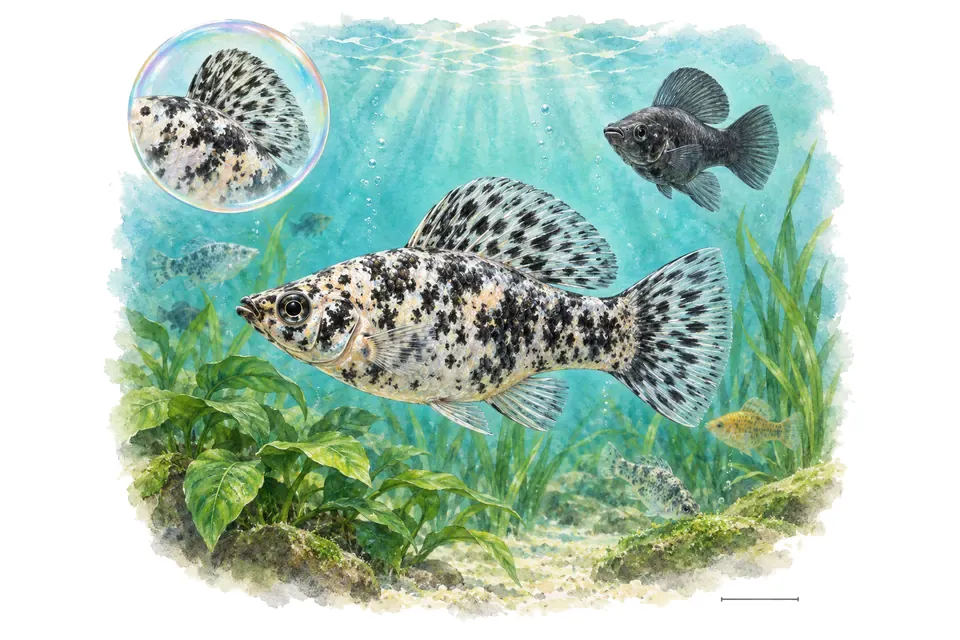 Aquarelle : Molly (Poecilia sphenops) dans une eau turquoise lumineuse, avec une vue de trois quarts et un détail dans une bulle.