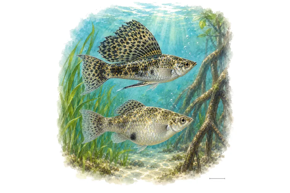 Aquarelle : Molly du Yucatán, mâle et femelle l'un au-dessus de l'autre dans une eau turquoise.