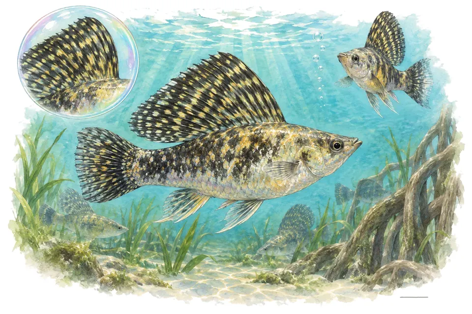 Aquarelle : Molly du Yucatán (Poecilia velifera) dans une eau turquoise lumineuse, avec une vue de trois quarts et un détail dans une bulle.